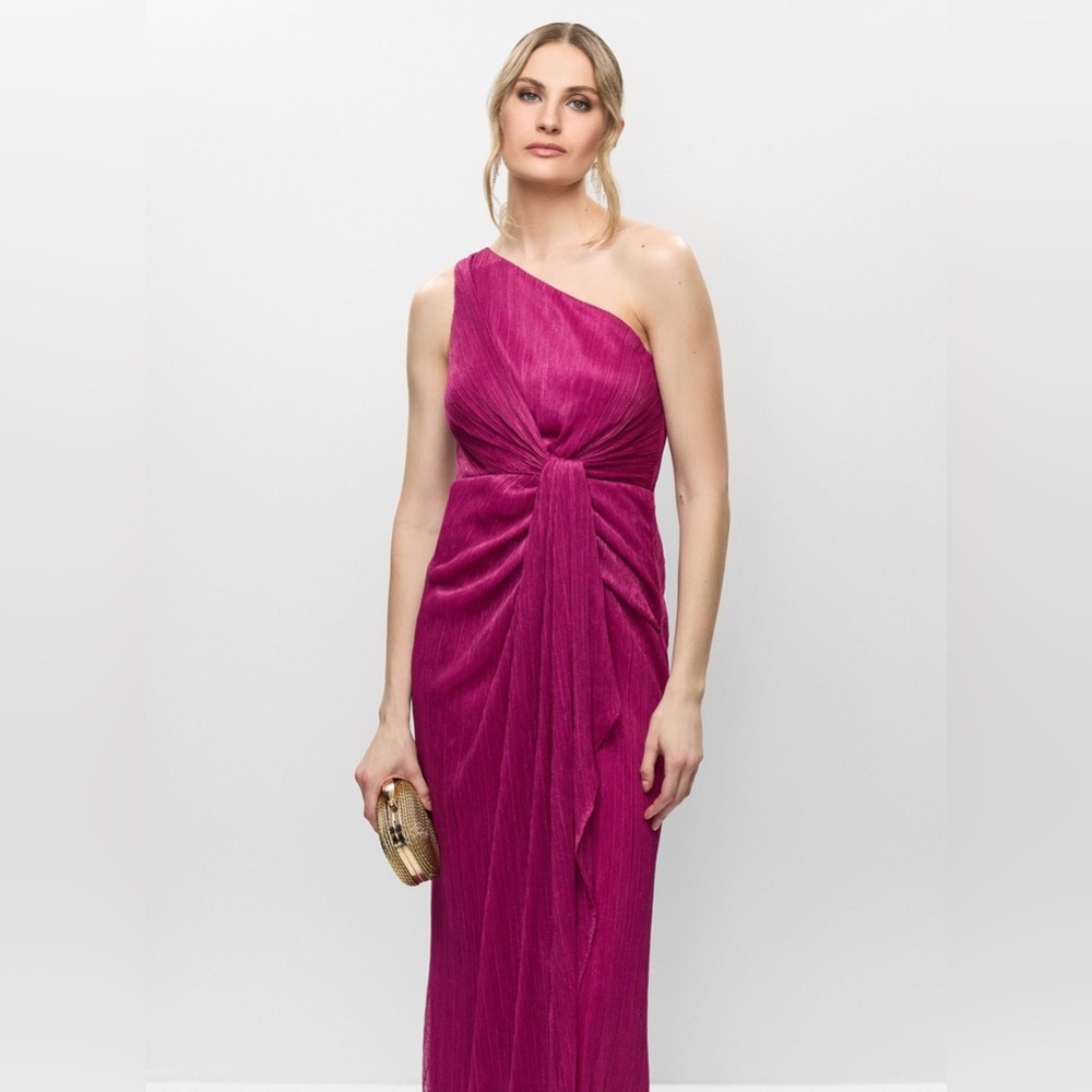 Adriana Papell Stardust Pleated Draped Metallic Pink One-Shoulder Dress Gown